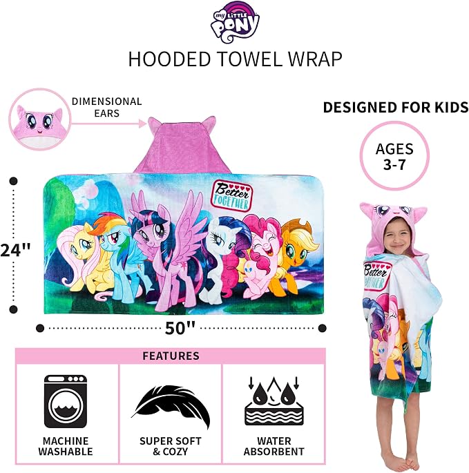 My Little Pony Bath/Pool/Beach Soft Cotton Terry Hooded Towel Wrap, 24 in x 50 in, By Franco Kids