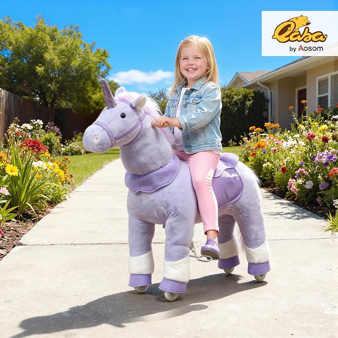 Qaba Ride on Horse for Kids 4-7 Years, 37.8 Inch Height Plush Riding Unicorn, Walking Horse Animal with Rolling Wheels for Active Play, No Batteries Required, Purple