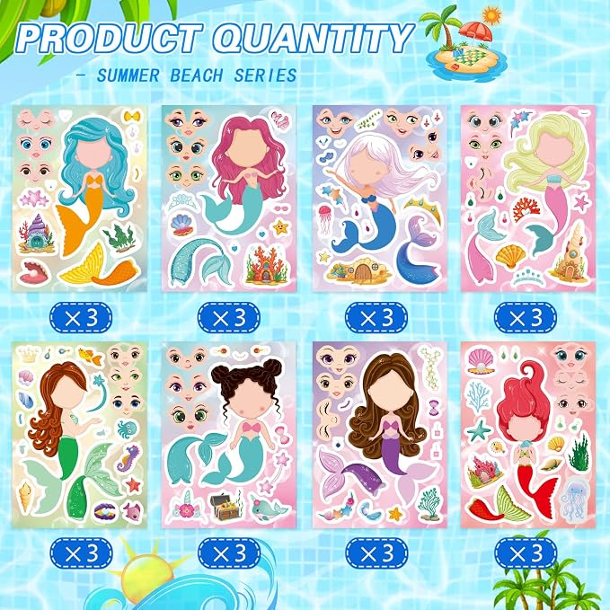 DUJAA 24 Sheets Mermaid Stickers for Kids, Make Your Own Mermaid Stickers, Mermaid Themed Art Craft Supplies