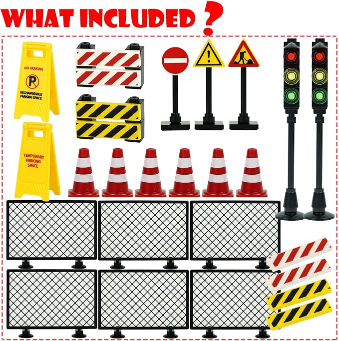 City Road Signs Bricks Accessories, Construction Site Street Signs, Mini Traffic Cones & Crosswalk Signal Toys for Kids Building Blocks Toys for Boys Girls