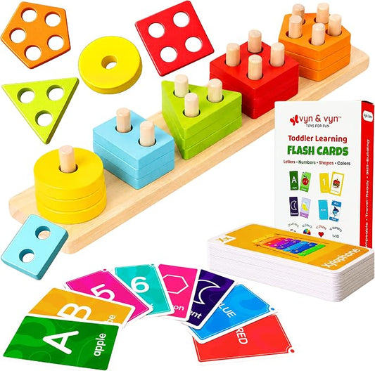 VYN & VYN Montessori Toys for 3+ Year Old Boys Girls, 2-in-1 Wooden Shape Sorter & 58 Flash Cards, Stacking and Sorting Toy, Color & Shape Matching Learning Puzzle, Educational Toy for Toddlers