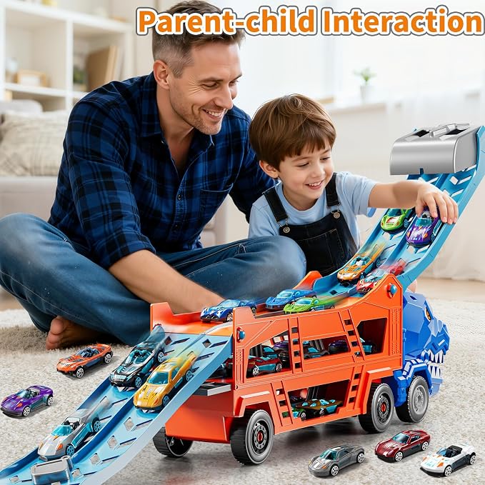 Race Track Truck Toys for 3 4 5 6 7 8 Years Old Boys, 2-Tier Storage Carrier Vehicle Playset with 12 Die-Cast Racing Car Toys, Car Ramps, Birthday Gifts for Toddlers Kids Girls Age 3-5 4-8