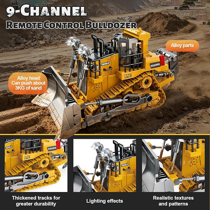 Remote-Controlled Bulldozer, a 9-Channel Toy Bulldozer, 2.4GHz, with Lights and Sound Effects, is The for Children Aged 6-11 and up