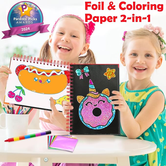 FUNNYB&G Foil Art Craft Kit for Girls 4-10 Years Old: Mess-Free & No-Glue, Create 16 Sparkly Food Pictures – Perfect Travel Toy & Birthday Gift for Kids (Food)
