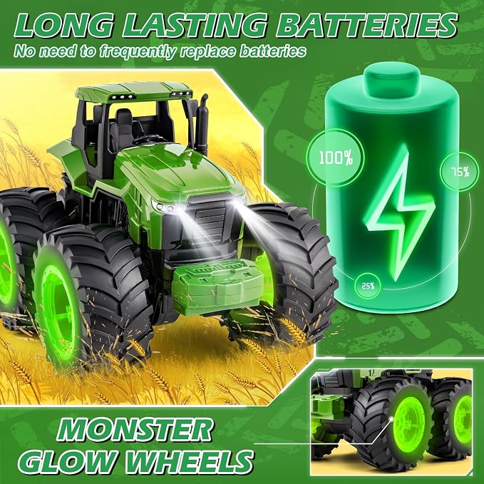 IJIGU Remote Control Tractor Toys, Light Up Farm Monster Trucks Toy for Boys 3, 4, 5, 6, 7 Year Old, 2.4 Ghz RC Tractor Toys, Ideal Christmas, Birthday Gifts for Kids