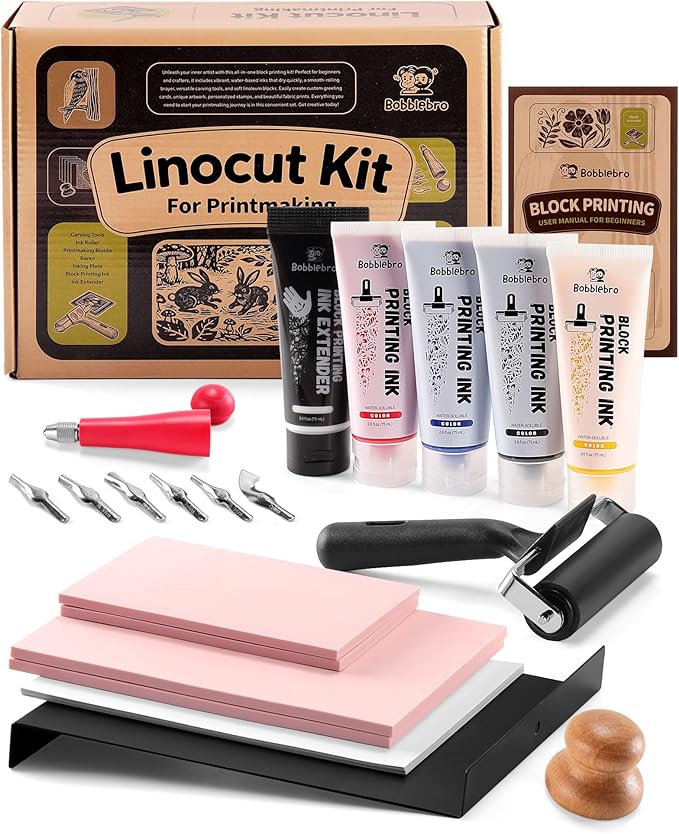 Bobblebro Linoleum Blocks for Printmaking, Stamp Making Carving Linocut Kit for Kids DIY Gift, Rubber Stamp Carving Screen Printing Kit with 4 Colors Block Printing Ink, Rubber Block, Linocut Tools