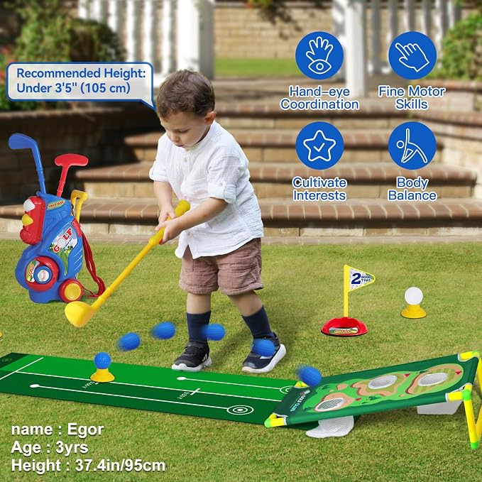 Toddler Golf Set for Boys Girls 2 3 4 Years Old, Upgraded Kids Golf Cart with Putting Mat & Cornhole Board, Outdoor Indoor Sports Toys, Blue