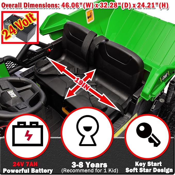 NEWQIDA 24V Ride on Dump Truck, Kids Electric Car with Remote Control, Ride on Construction Vehicles w/Electric Dump Bed, Shovel, 2x75W Powerful Motors, Up to 4.4Mph, EVA Tires, Soft Start, Green