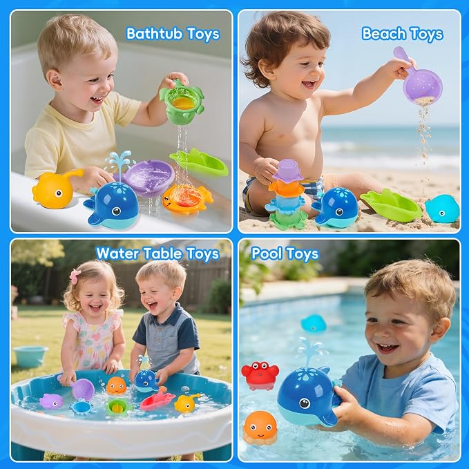 Baby Bath Toys for Kids Ages 1-3, 17PCS Mold-Free No Hole Bath Toys, Pool Water Table Toys, Toddler Bath Toy Set with Whale Sprayer, Boats & Stacking Cups, Easy Clean Bathtub Toys Girls Boys Gifts