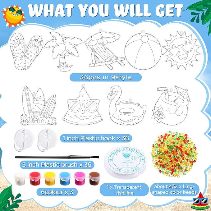 Pasimy 36 Sets Summer Suncatchers Craft Kits Beach Tropical DIY Paint Window Hanging Ornaments Decorations Palm Flip Flops Make Your Own Activities Arts Project Party Favors Gifts for Classroom Home