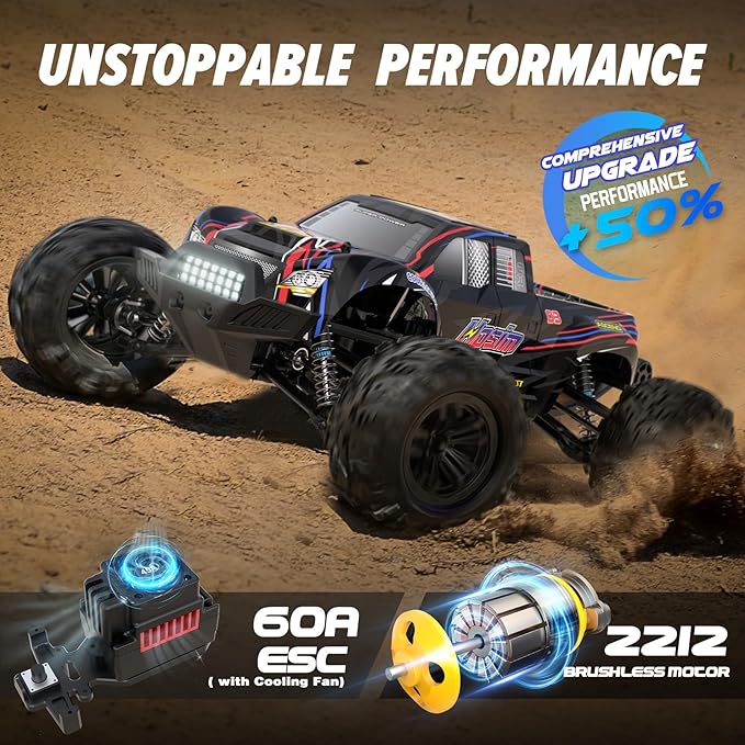 Hosim 1:10 Brushless RC Cars for Adults & Boys, 60+ KMH Big Remote Control Car, 4WD Off Road Monster Truck, 40+ Min Play Waterproof All-Terrain RC Truck, Hobby Grade Electric Toy Vehicle Gift