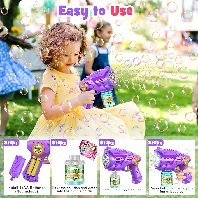 Bubble Gun Toys for Kids 4-8: Automatic Bubble Blaster with 2 Bottles Refill Solution - Bubble Gun for Toddlers 1-3, Summer Outdoor Toys for Easter Birthday Wedding Party Gift (Pink, Purple)