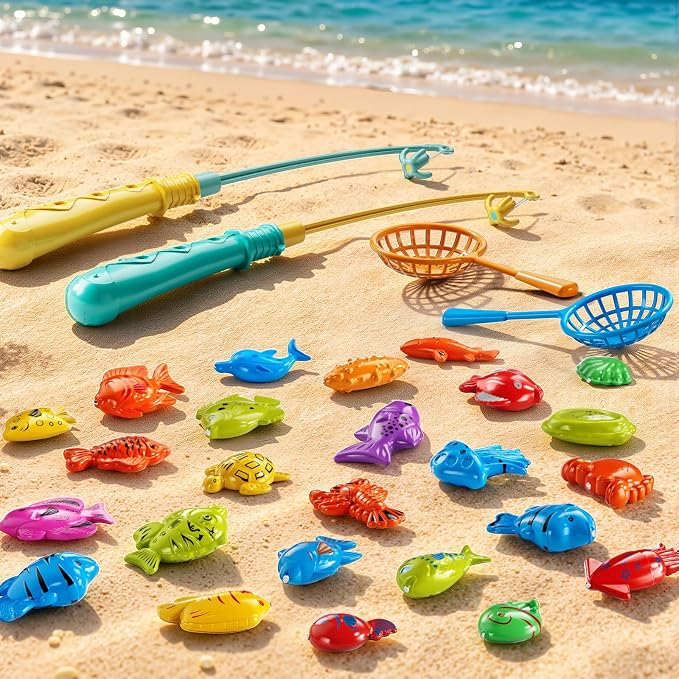 TEMI Fishing Toy Game for Kids 3 4 5 6 7 8 Years Old, 51 Fish Bath Playset for Toddlers, Toy Magnetic Rod and Fishing Net, Outdoor Water Toys for Kids Age 3-5, Party for Boy and Girl