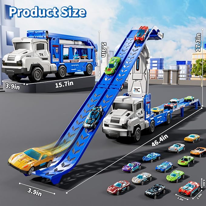 3-in-1 Kids Carrier Truck Toy Car Tracks for Toddlers 2-4 Years Old with 12 Racing Cars Toys, Foldable Chasing Race Track and Car Garage, Car Ramps Birthday Gift for Boys Girls 3-5 4-8(Blue)