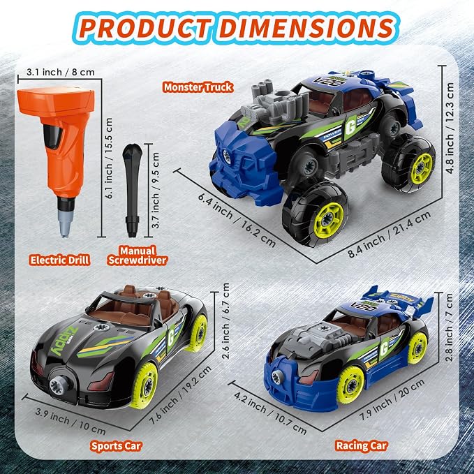 Pup Go 3-in-1 Building Car for Boys Ages 3+, Take Apart Car with Electric Drill, 43 Pcs Construction Toy Truck, Build Your Own Cars with Play Tools, Ideal Educational Present for Kids Children (Black)