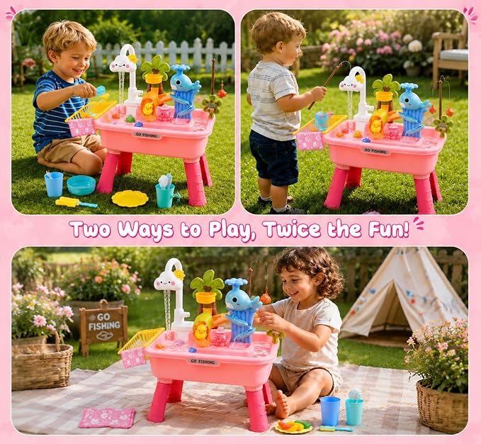 2026 Upgraded Toddler Sand Water Table Toy with Electric Water Pump, Kids Sand Water with Faucet/Play Food Accessories/Fishing Toy, Kitchen Play Sink Toys for Girl Boy Age 3+ (Pink)