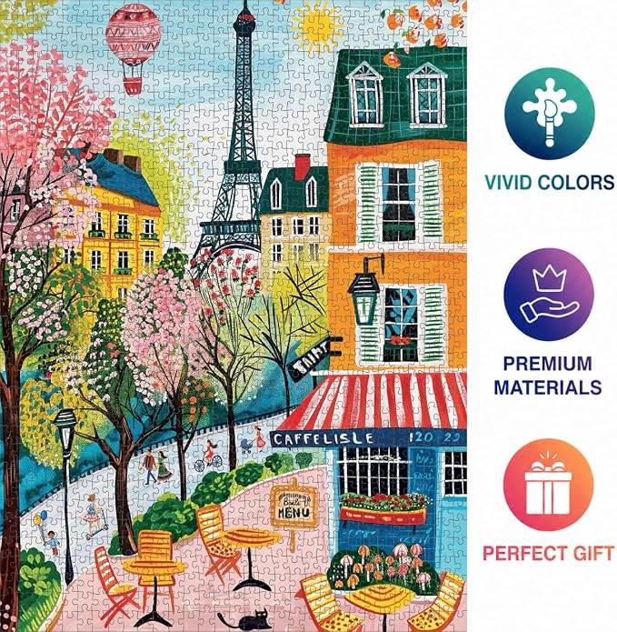 Cross & Glory – Morning at Café Lisle – 1000 Piece Jigsaw Puzzle for Adults | Paris Folk Art Puzzle | Bright Eiffel Tower Café Scene | Premium Quality 1000 Piece Puzzle for Adults