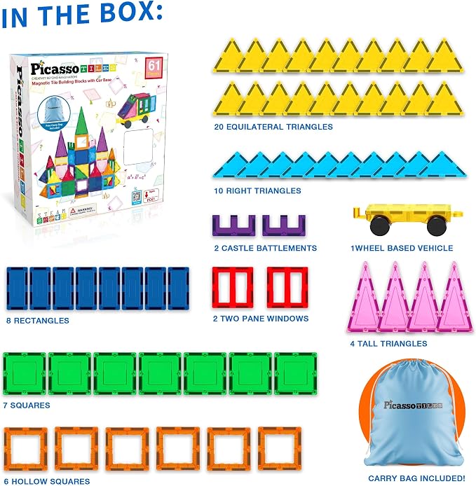 PicassoTiles Magnet Tile Building Blocks with Car Base Drawstring Storage Travel Bag Carry Case Magnetic Tiles Construction Toy STEM Learning Educational Kit Sensory Playset Preschool Kids 3+