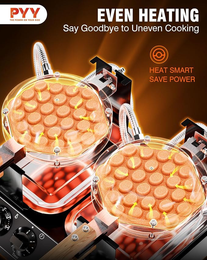 PYY 2-Head Bubble Waffle Maker - 3100W Commercial Hong Kong Egg Waffle Maker,180° Rotate, Non-Stick Plate, 50-250℃ Adjustable Temp, Bubble Waffle Machine for Commercial Use, 110V, Black