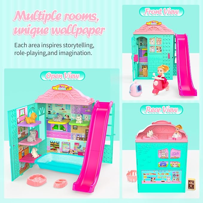 Dollhouse of Pets Toy Play Set, Foldable Pets Doll House with 31PCS Includes 2Dolls, Motor, Pool, 6Little Pets, Slide and Sounds, Pretend-Play Toddler Playhouse Ideal Gift for Children aged 3+
