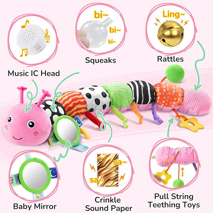 AWOTOY Baby Toys Sensory Music Caterpillar Stuffed Animals Infant Toys,Pink | Teething Toys 0-3-6-12 Months Tummy Time with Mirror Crinkle Rattle&Pull String for Newborn Boys Girls Shower Gifts Birthday
