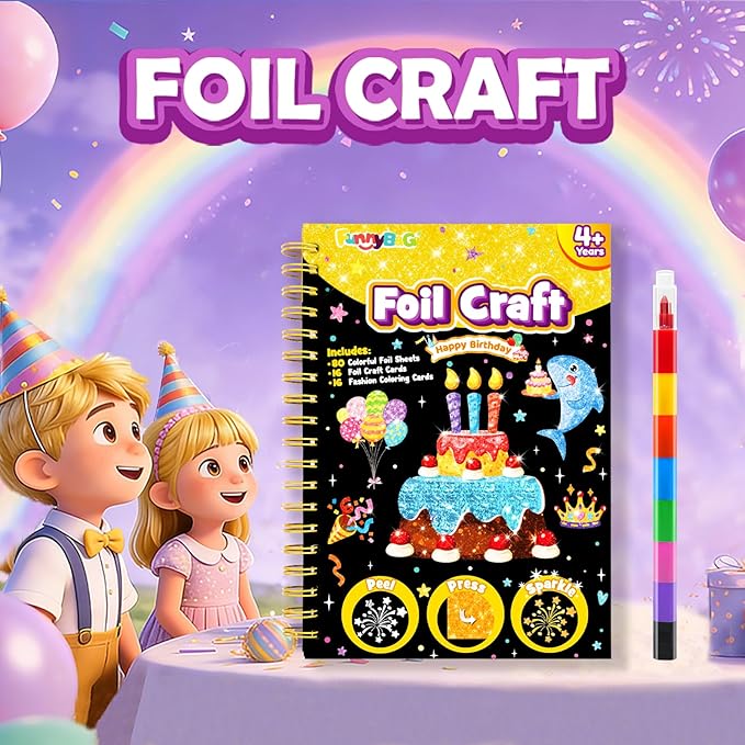 FUNNYB&G Foil Art Craft Kit for Kids 4-10 Years Old: Mess-Free & No-Glue, Create 16 Sparkly Happy Birthday Pictures – Perfect Travel Toy & Birthday Gift for Kids（Happy Birthday）
