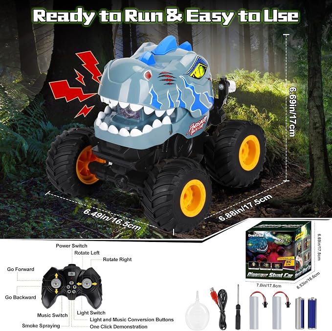 Drefirsa Remote Control Car for Boys 4-7 8-12, Dinosaur Monster Truck Toys with 50min+ Runtime, Spray, LED Light, 360° Rotating & 90° Driving, RC Stunt Car for Kids Birthday