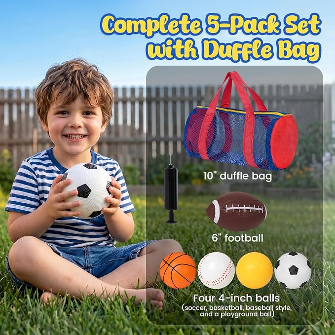 LovesTown Sports Balls for Kids, 5 Pack Inflatable Playground Balls Rubber Kickballs Dodgeballs with Duffle Bag, for Kids Toddlers Indoor Outdoor Toys