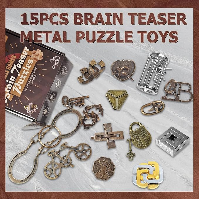 Joyeee 15 Pcs Brain Teaser Metal Wire Puzzles, Mind IQ Test Unlock Toy, Interlock Challenge Puzzle Game Educational Toy Gift for Boys Girls Teens Adults, #A