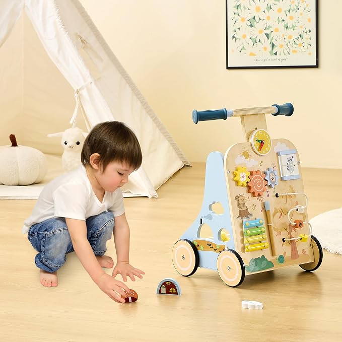 Wooden Baby Walker, Baby Push Walker for 12+ Months, Baby Walker with Activity Center, Push and Pull Walkers for Boys Girls