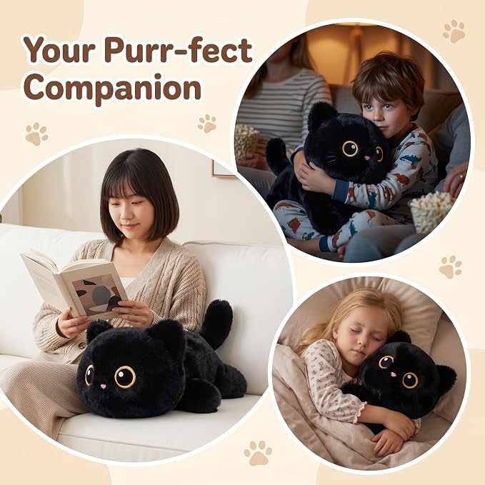 Weighted Cat Stuffed Animal, 20-Inch, 4 lbs Black Cat Plush, Cuddly Soft Plushie Pillow Gift for Kids & Adults
