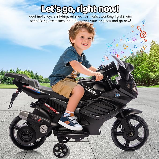 Kids Ride On Motorcycle, 6V Battery Powered Electric Motorcycle, w/Treaded Tires, Horn, Working Headlight, Music, Training Wheels, Stable Ride On Toys for Kids Toddler Boys Girls 3-6, Black