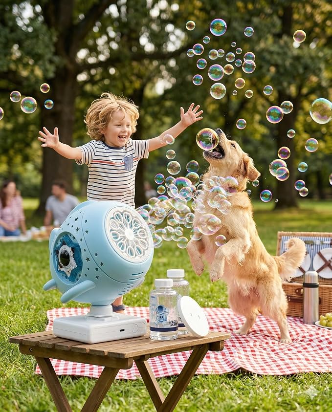 Bubble Machine for Kids, Rechargeable 30000+ Bubbles Maker Blower with 360° Rotating Base & LED Lights, Outdoor Toy for Toddlers Boys Girls Age 3+ for Weddings, Birthday Parties, Garden