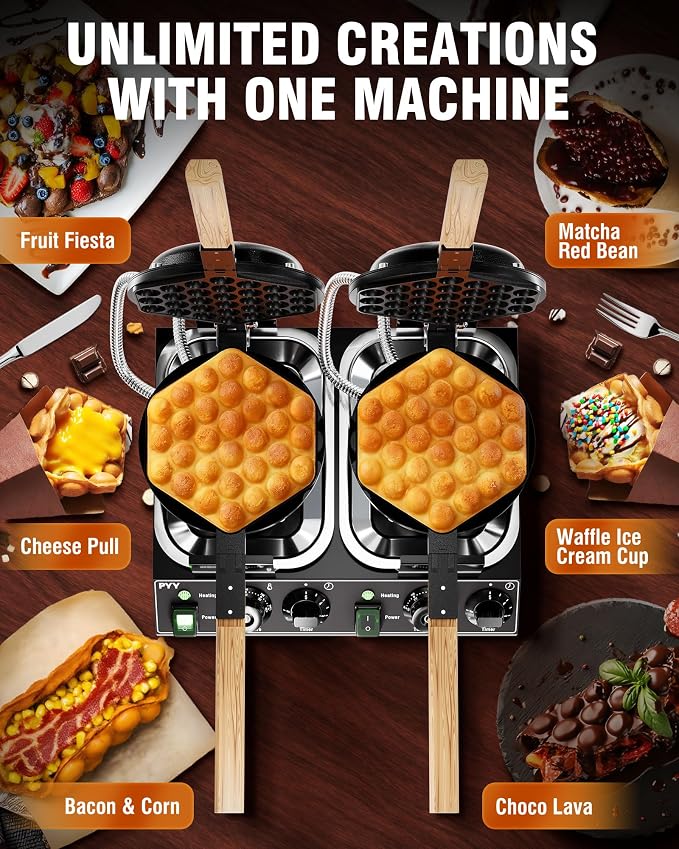 PYY 2-Head Bubble Waffle Maker - 3100W Commercial Hong Kong Egg Waffle Maker,180° Rotate, Non-Stick Plate, 50-250℃ Adjustable Temp, Bubble Waffle Machine for Commercial Use, 110V, Black