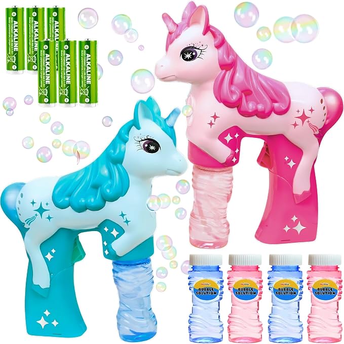 Pink & Green Unicorn Bubble Guns for Kids – Automatic Bubble Machine Blower Toy | Cute Bubble Blaster for Toddlers, Boys & Girls | Outdoor Play, Birthday Party & Summer Fun