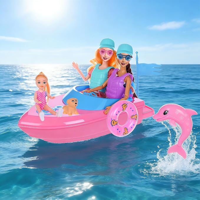 dollbie Fashion Dolls and Boat Playset - 11.5 Inch Dolls with Swimwear, Life Vests, Accessories, 5.5 Inch Doll, Pet Puppy and Dolphin Toy - Summer Beach Adventure Gift Set for Girls