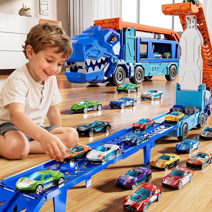 Truck Toys Car Track Set for 3 4 5 6 Years Old Boys, Dinosaur Truck Transporter Car Race Track with 12 Die-Cast Racing Car Toys, Birthday Gifts for Toddlers Kids Girls Age 3 4 5 6 7 8