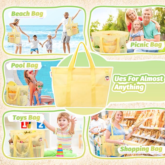 Tagitary Beach Toys for Kids and Mesh Beach Bag with Zipper, Large Beach Tote with 8 Pockets, Sand Toys Storage Pool Bag Beach Accessories for Sports Camping Picnic Travel