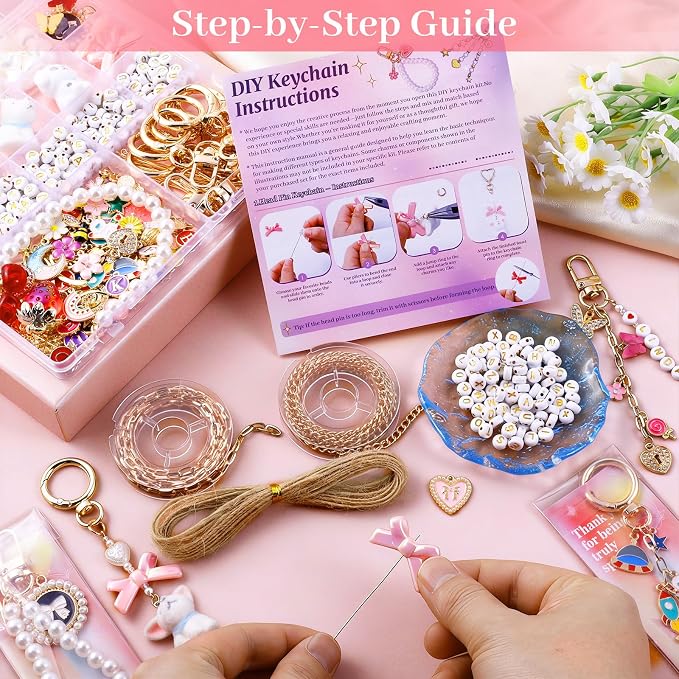 Wurosi 773 Pcs Beaded Keychain Making Kit, Bag Charm Kit, with Chains, Charms & Letter, Key Chain Hooks, Jump Rings, Manual, Gift Bgas, Storage Box & Tools, DIY Crafting and Jewelry Making for Adult