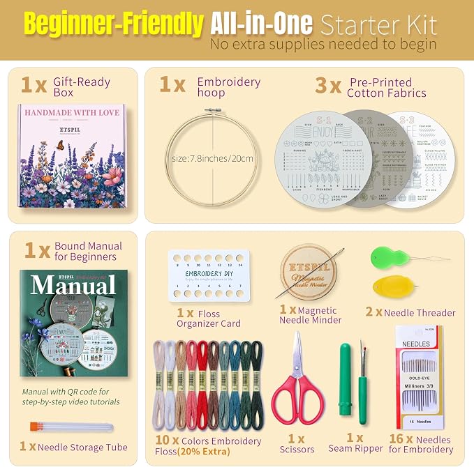 ETSPIL Embroidery Kit for Beginners, Magnetic Needle Minder & 4K Video Tutorials, Pre-Printed Floral Patterns, Bound Guide, Relaxing Screen-Free Craft for Women at Home