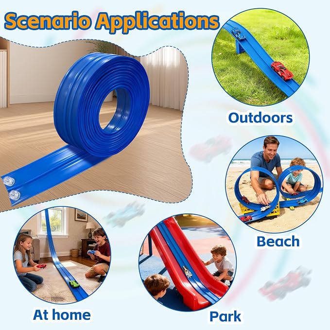 Flexible Race Track 16.5 Ft for Kids - Race Car Ramp Track with Suction Cups, Compatible with 1:64 Scale Diecast Cars, Includes 8 Racing Cars, Portable Toy Play Set Gift for Boys Girls Ages 3-8, Blue