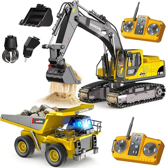 GraceDuck Remote Control Excavator and Dump Truck Toys Set, RC Construction Vehicles Toy with Alloy Bucket, Rock Breaker, Grapples, Lights and Sounds, Christmas Birthday Gifts for Boys Age 3+