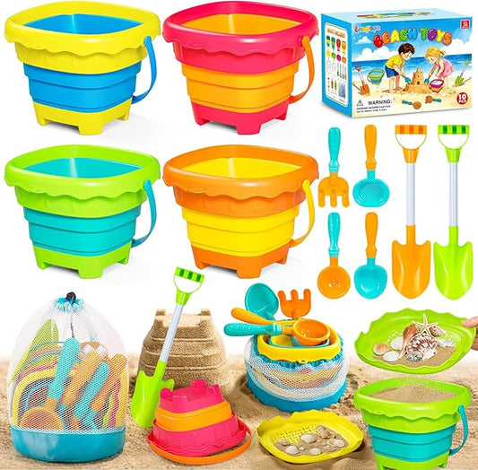 Letapapa Beach Sand Toys for Kids, Travel Sand Toys with 4 Collapsible Beach Buckets, Sifter Shovels Set & Mesh Bag, Beach Outdoor Sandbox Toys for Toddler Boys Girls 3 4 5 6 7 8 9 10 Year Old