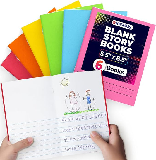 Hygloss Half Blank Books for Kids to Write Stories & Illustrate – Bulk 6 Pack – 5.5" x 8.5" A5 Primary Journal for Grades K-2, Preschool/Kindergarten Notebook with Picture Space – 24 Pages, Colored