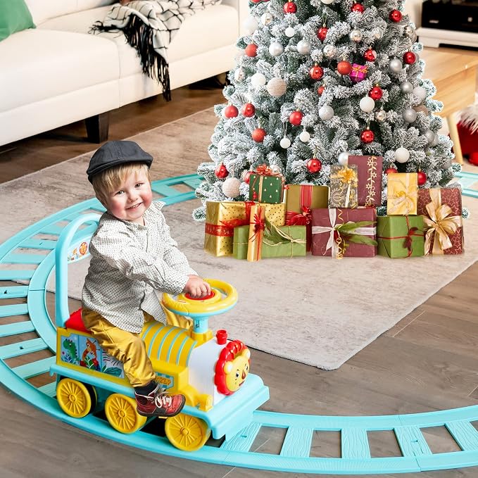 Costzon Ride on Toys, 6V Electric Ride on Train with Tracks, Storage Seat, Flashing Lights & Music, Backrest, Anti-tilt Device, Gift for Toddler Boys & Girls, Battery Powered Ride on Car (Blue)