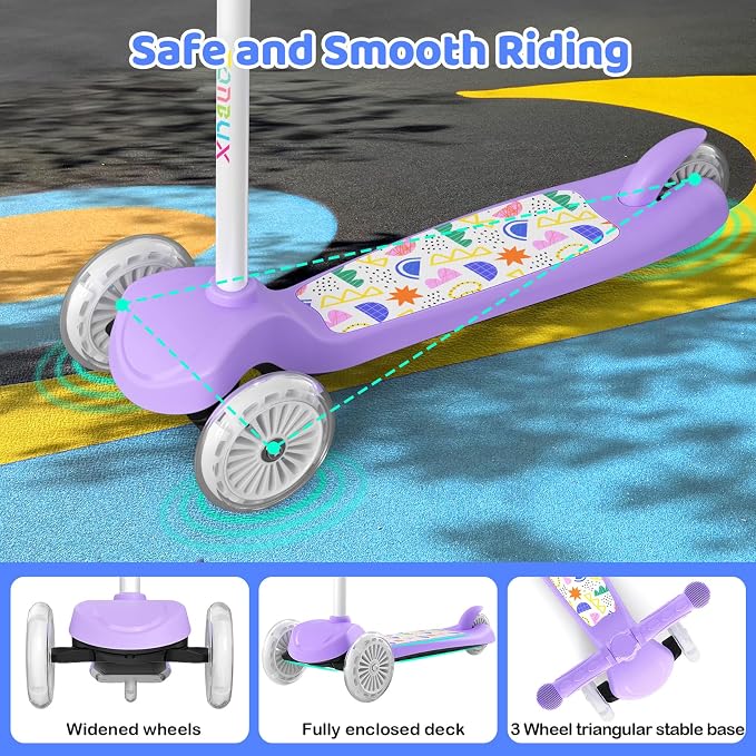 TONBUX Kids Scooter for Ages 3-5, Toddler Scooter with Light-Up Deck and Wheels, Adjustable 4-Level Height 3-Wheel Scooters for Kids, Lean-to-Steer Design