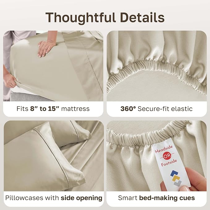 California Design Den Soft 100% Cotton Bed Sheets Split King Size Set, 400 TC Good Housekeeping Award Winner, Silky Smooth Sateen, Breathable Deep Pocket Split King Bedding Set - Beige