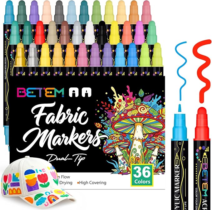 Betem 36 Colors Dual Tip Acrylic Paint Markers, Fabric Decorating Kits Premium Water-Based Acrylic Paint Pens Art Supplies for Fabric, Rock, Wood, Glass, Canvas, Ceramic, Teacher Appreciation Gift