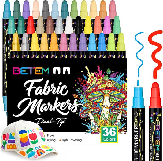 Betem 36 Colors Dual Tip Acrylic Paint Markers, Fabric Decorating Kits Premium Water-Based Acrylic Paint Pens Art Supplies for Fabric, Rock, Wood, Glass, Canvas, Ceramic, Teacher Appreciation Gift