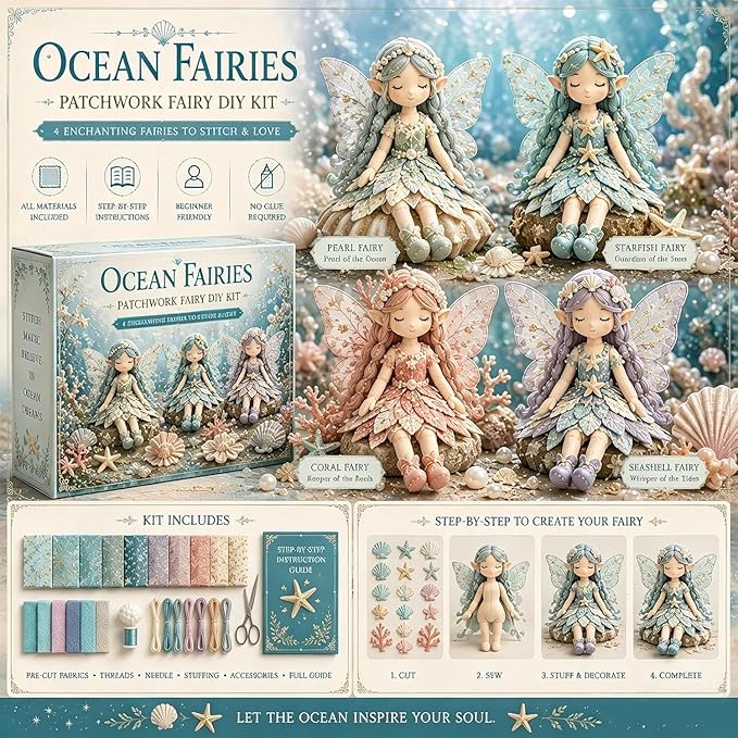 Fairy Patchwork DIY Collection, Fun Flower Fairy Patchwork Sewing Kit, Make 4pcs Winged Elf Cloth Dolls, Complete Fabric Supplies DIY Craft Set for Beginner Crafters, Home Handmade Gift